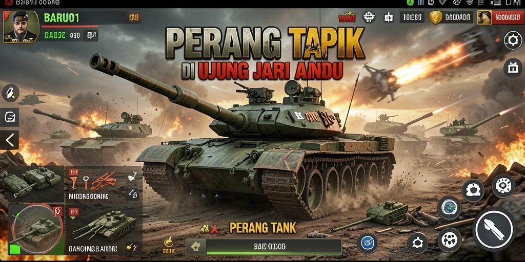 Screenshot utama BARU01 yang menunjukkan pertempuran tank yang intens.