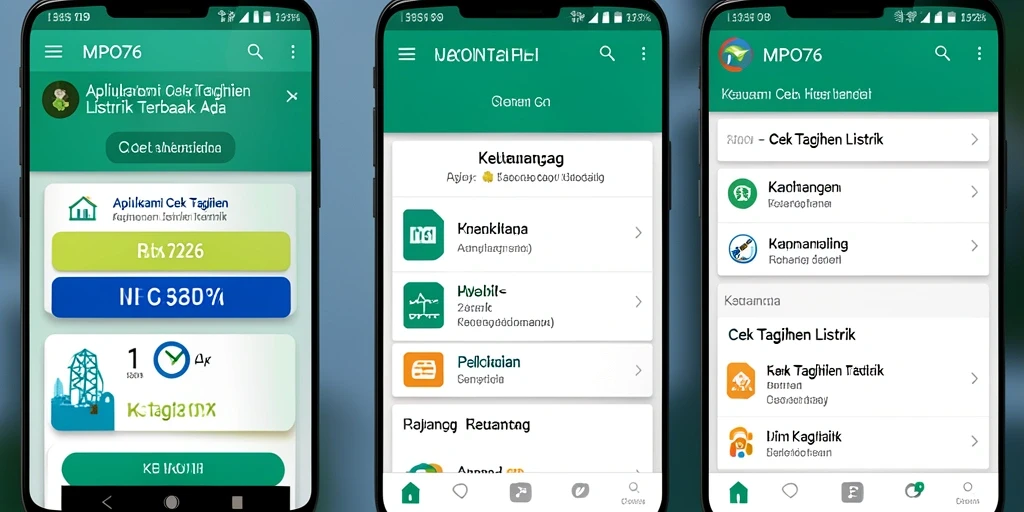 Tampilan antarmuka pengguna MPO76 dengan fitur cek tagihan listrik.